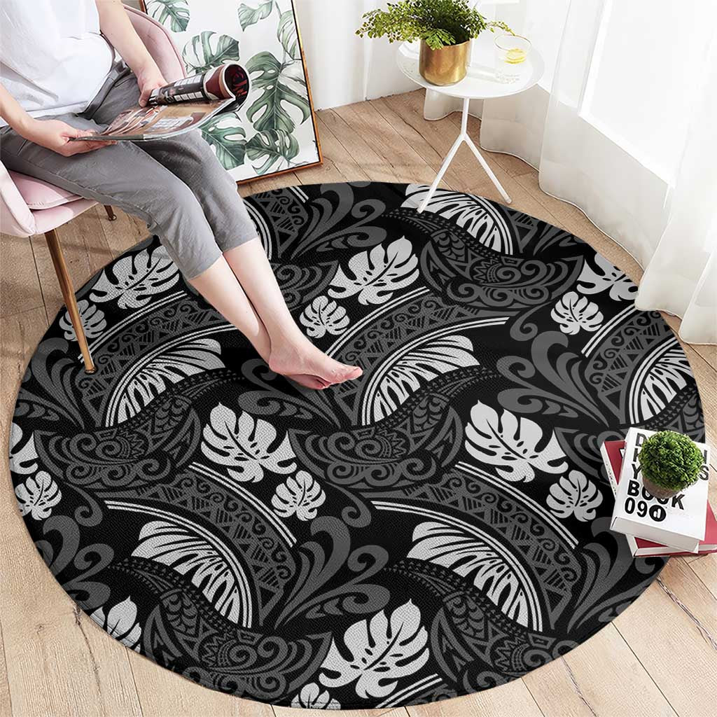Grayscale Monstera Round Carpet Polynesian Tribal Pattern - Polynesian Pride