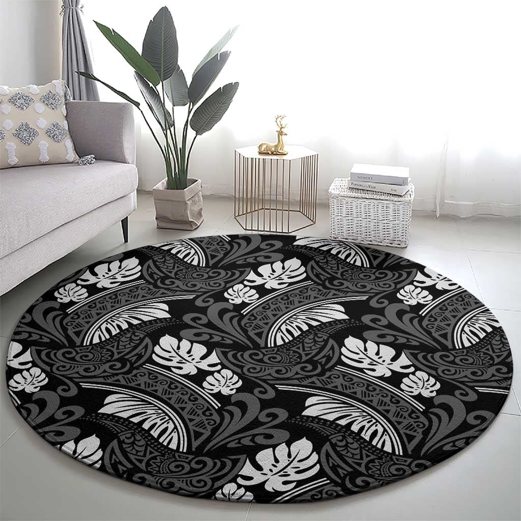 Grayscale Monstera Round Carpet Polynesian Tribal Pattern - Polynesian Pride