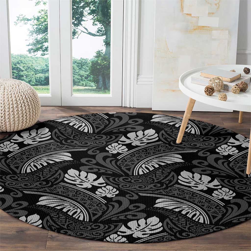 Grayscale Monstera Round Carpet Polynesian Tribal Pattern - Polynesian Pride