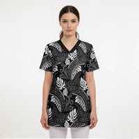 Grayscale Monstera Scrub Top Polynesian Tribal Pattern - Polynesian Pride
