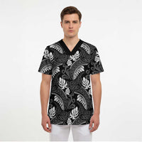 Grayscale Monstera Scrub Top Polynesian Tribal Pattern - Polynesian Pride