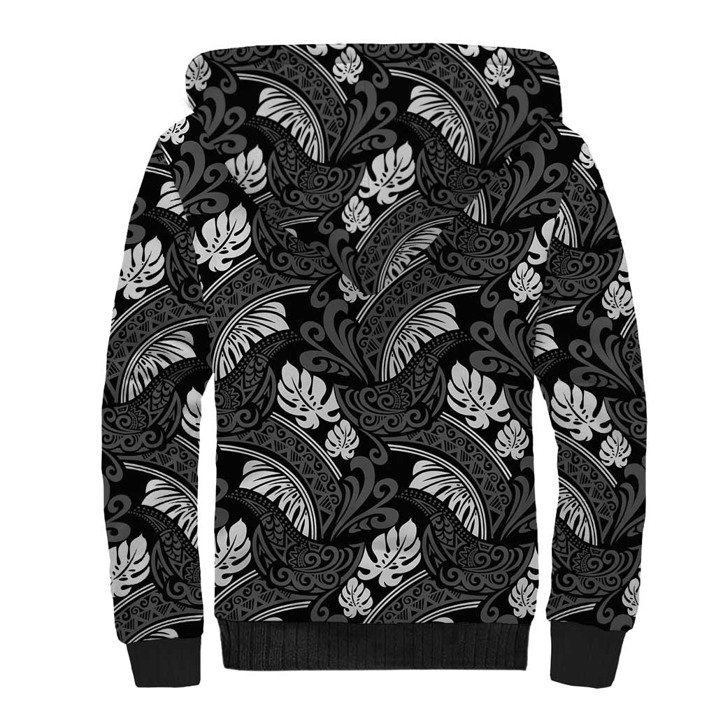 Grayscale Monstera Sherpa Hoodie Polynesian Tribal Pattern - Polynesian Pride