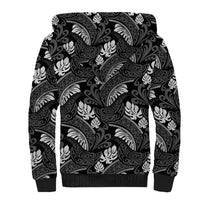 Grayscale Monstera Sherpa Hoodie Polynesian Tribal Pattern - Polynesian Pride