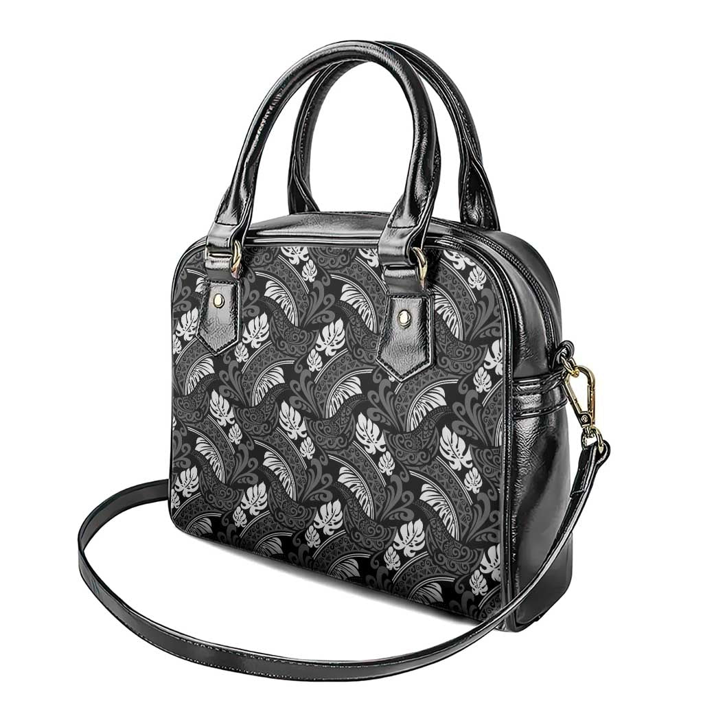 Grayscale Monstera Shoulder Handbag Polynesian Tribal Pattern - Polynesian Pride