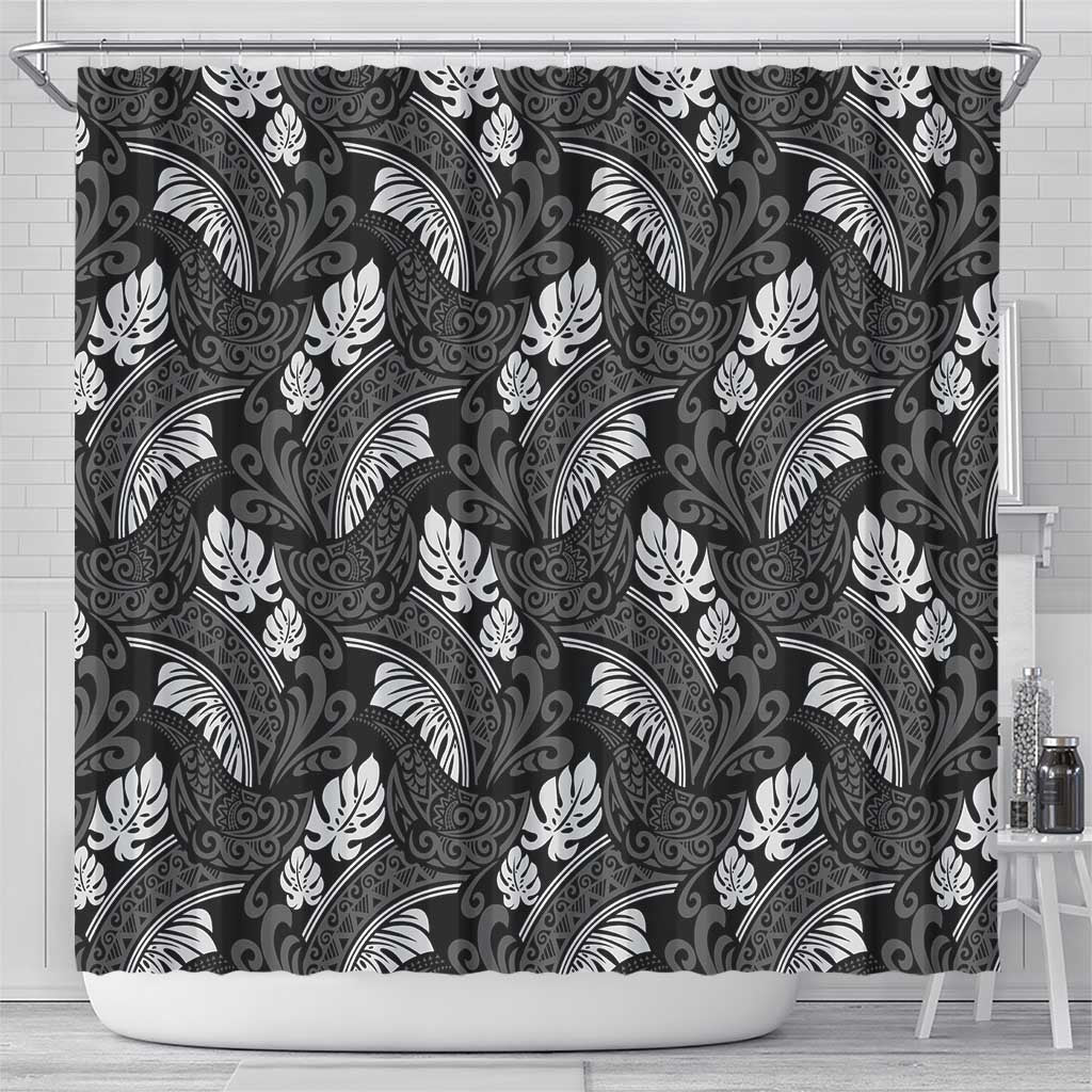 Grayscale Monstera Shower Curtain Polynesian Tribal Pattern - Polynesian Pride