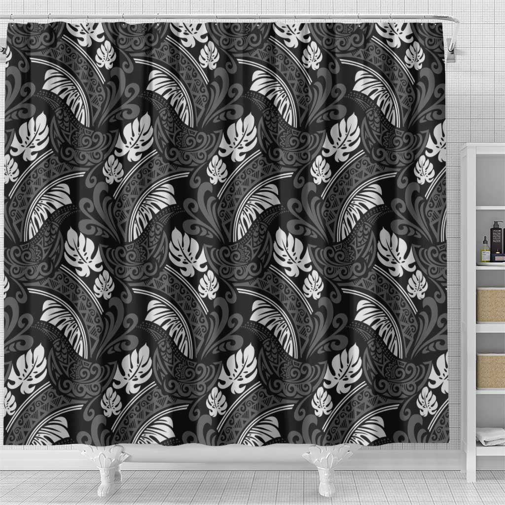 Grayscale Monstera Shower Curtain Polynesian Tribal Pattern - Polynesian Pride