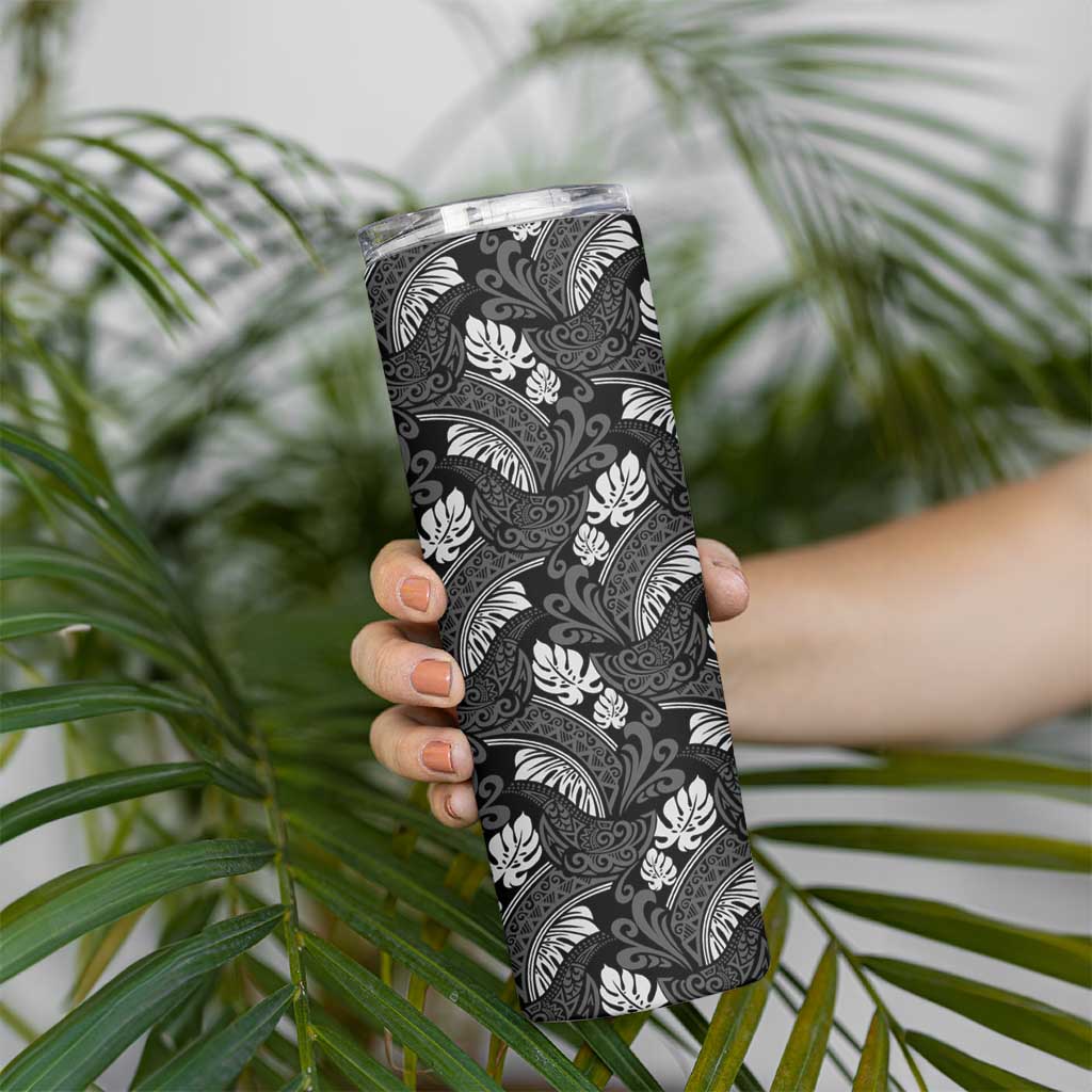 Grayscale Monstera Skinny Tumbler Polynesian Tribal Pattern - Polynesian Pride