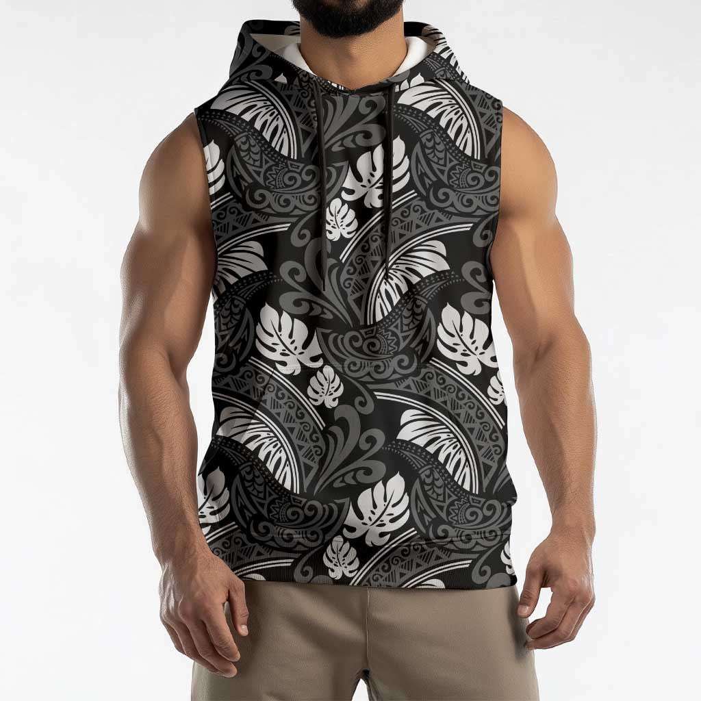 Grayscale Monstera Sleeveless Hoodie Polynesian Tribal Pattern - Polynesian Pride