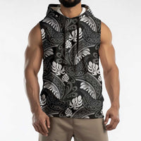 Grayscale Monstera Sleeveless Hoodie Polynesian Tribal Pattern - Polynesian Pride