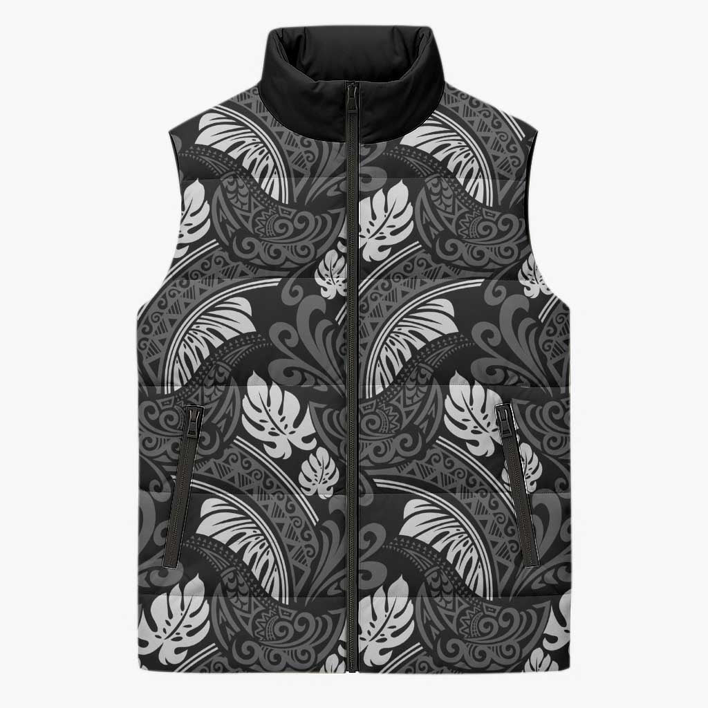 Grayscale Monstera Sleeveless Puffer Jacket Polynesian Tribal Pattern - Polynesian Pride
