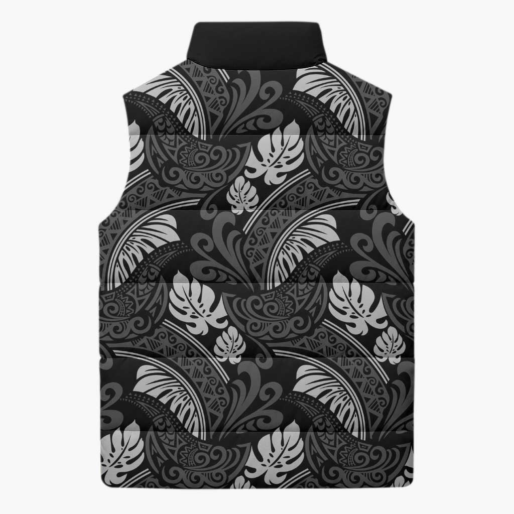 Grayscale Monstera Sleeveless Puffer Jacket Polynesian Tribal Pattern - Polynesian Pride