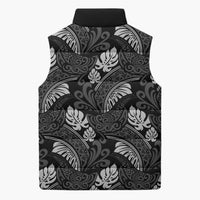 Grayscale Monstera Sleeveless Puffer Jacket Polynesian Tribal Pattern - Polynesian Pride