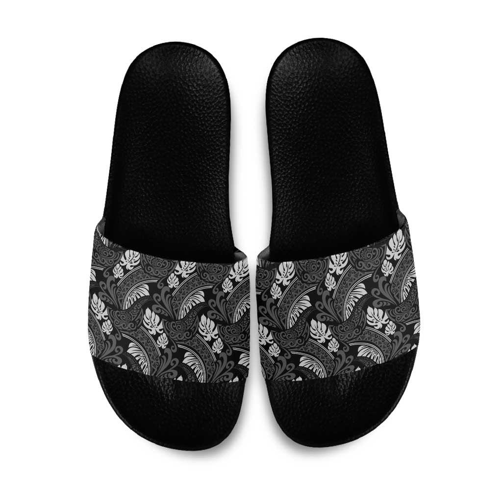 Grayscale Monstera Slide Sandals Polynesian Tribal Pattern - Polynesian Pride