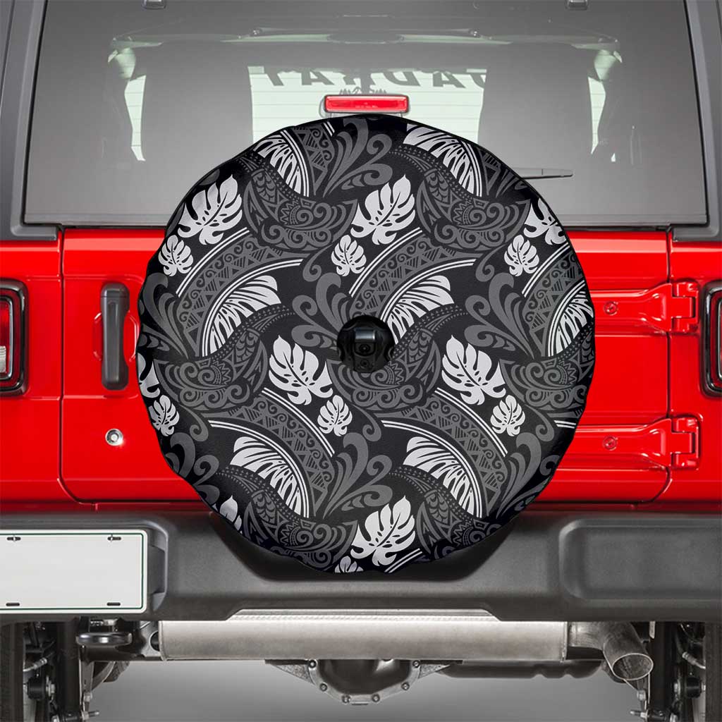 Grayscale Monstera Spare Tire Cover Polynesian Tribal Pattern - Polynesian Pride