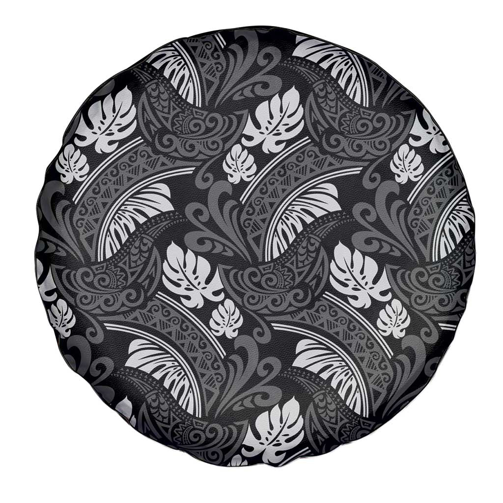 Grayscale Monstera Spare Tire Cover Polynesian Tribal Pattern - Polynesian Pride