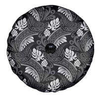 Grayscale Monstera Spare Tire Cover Polynesian Tribal Pattern - Polynesian Pride