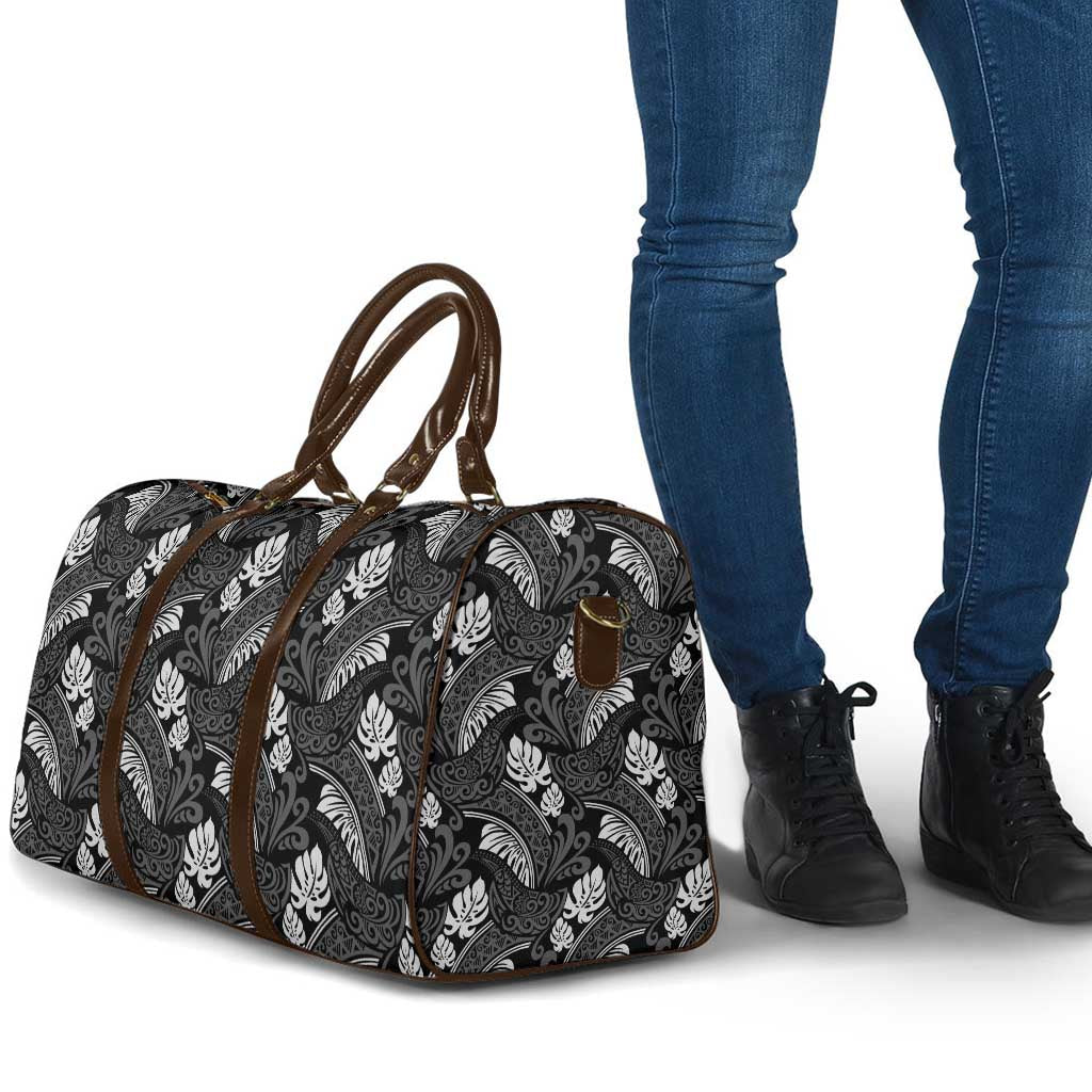 Grayscale Monstera Travel Bag Polynesian Tribal Pattern - Polynesian Pride