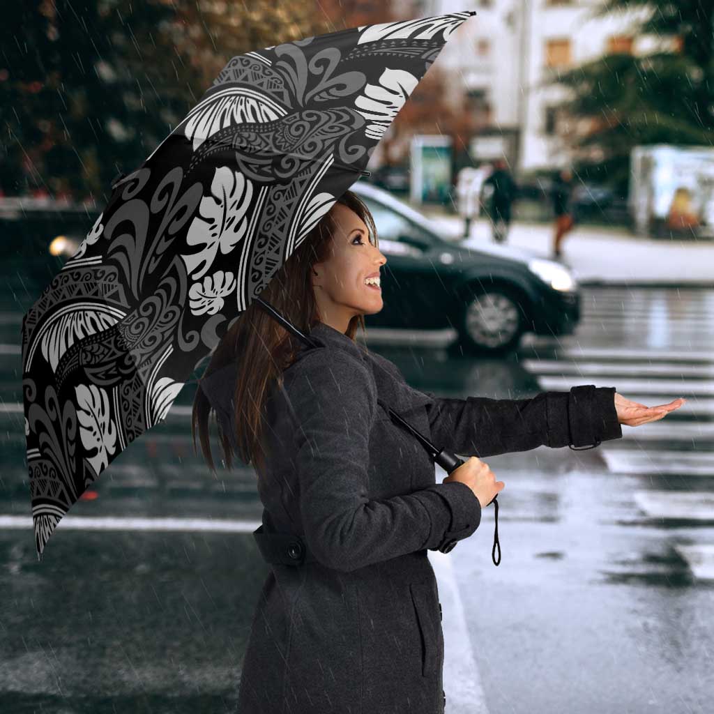 Grayscale Monstera Umbrella Polynesian Tribal Pattern - Polynesian Pride