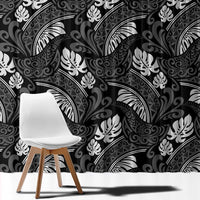 Grayscale Monstera Window Curtain Polynesian Tribal Pattern - Polynesian Pride