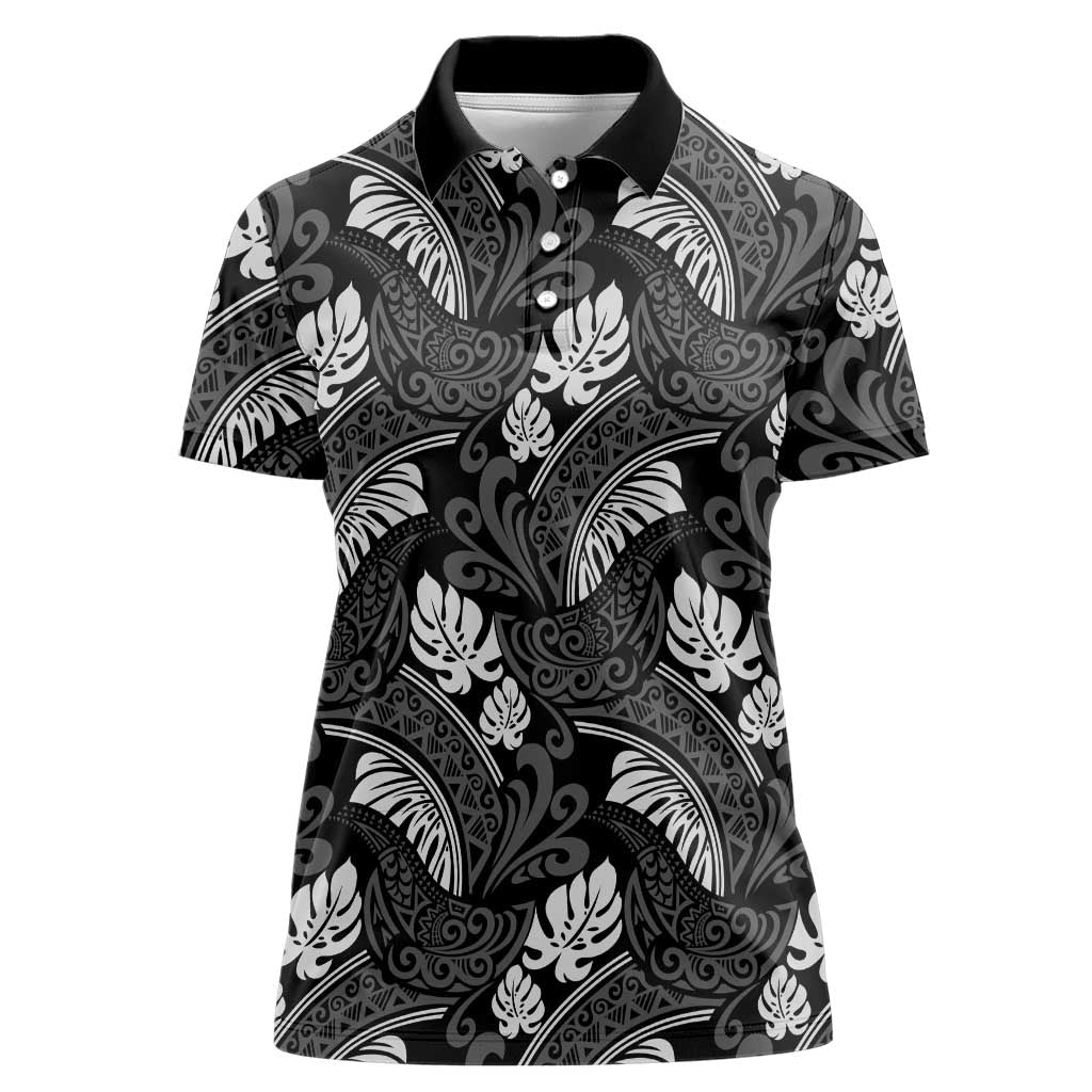 Grayscale Monstera Women Polo Shirt Polynesian Tribal Pattern - Polynesian Pride