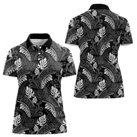 Grayscale Monstera Women Polo Shirt Polynesian Tribal Pattern - Polynesian Pride