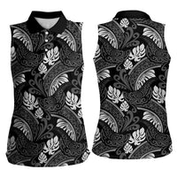 Grayscale Monstera Women Sleeveless Polo Shirt Polynesian Tribal Pattern - Polynesian Pride