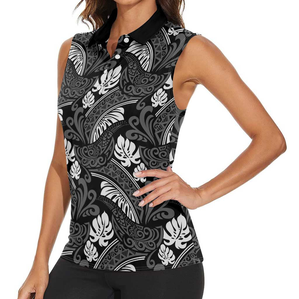 Grayscale Monstera Women Sleeveless Polo Shirt Polynesian Tribal Pattern - Polynesian Pride