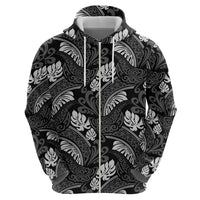 Grayscale Monstera Zip Hoodie Polynesian Tribal Pattern - Polynesian Pride