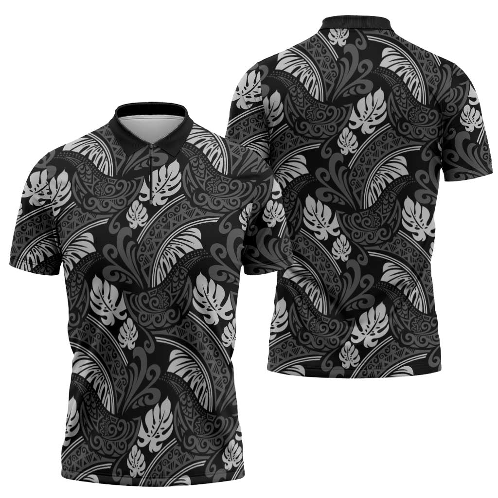 Grayscale Monstera Zipper Polo Shirt Polynesian Tribal Pattern - Polynesian Pride