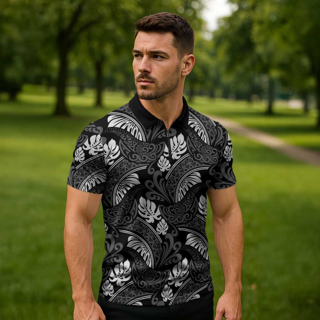 Grayscale Monstera Zipper Polo Shirt Polynesian Tribal Pattern - Polynesian Pride