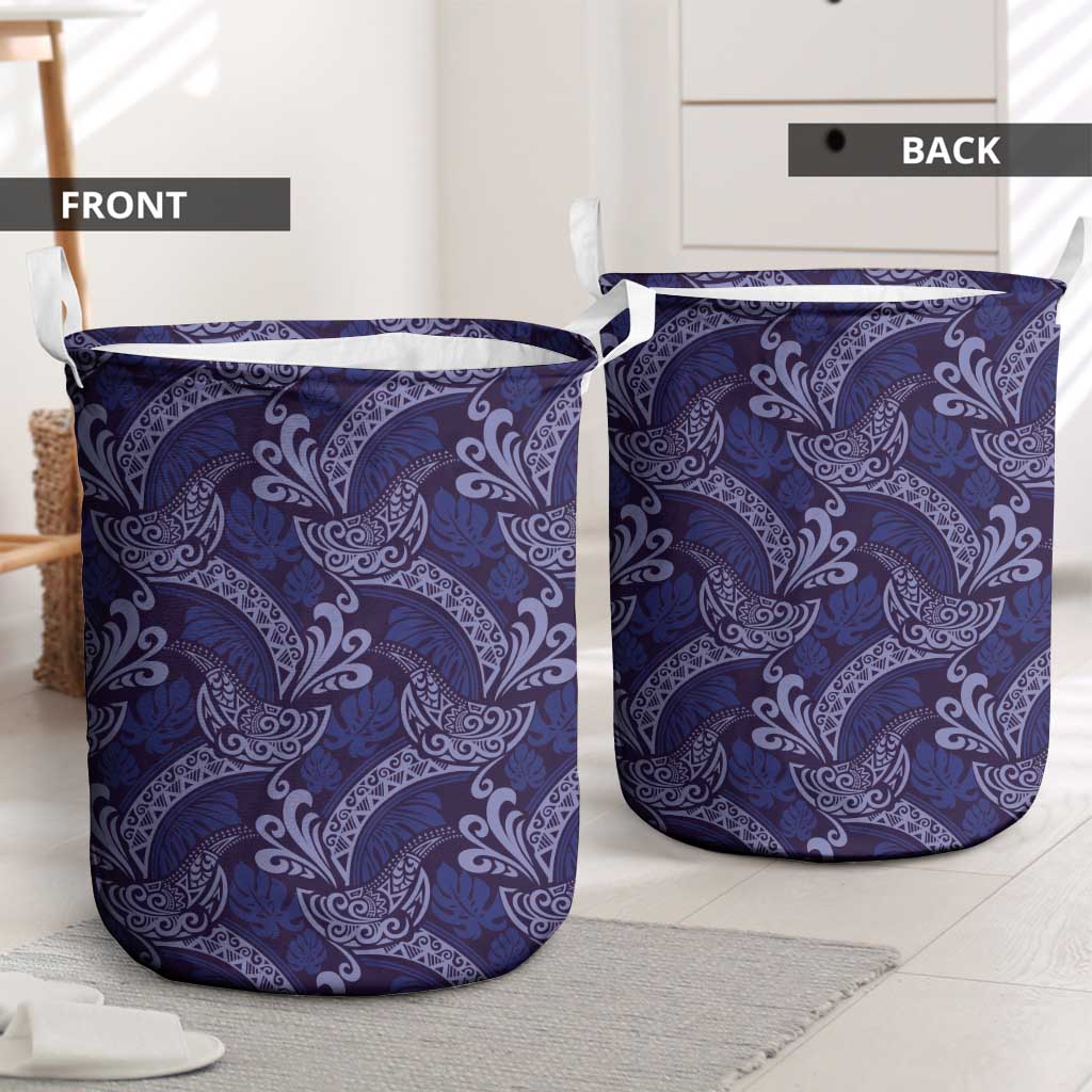 Deep Blue Monstera Laundry Basket Polynesian Tribal Pattern - Polynesian Pride