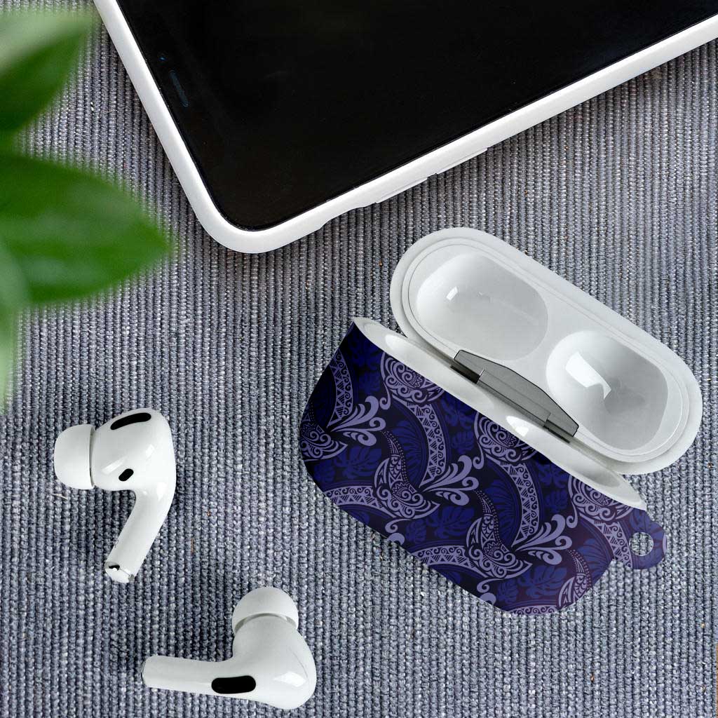 Deep Blue Monstera AirPods Case Polynesian Tribal Pattern - Polynesian Pride