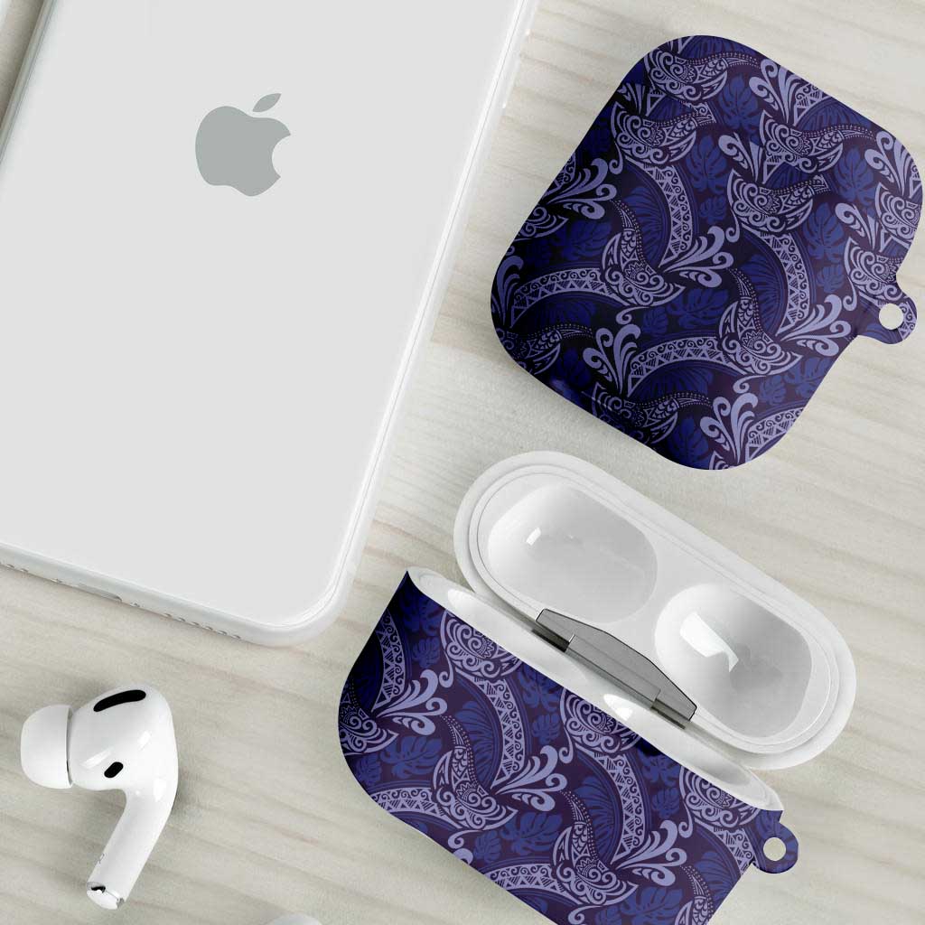 Deep Blue Monstera AirPods Case Polynesian Tribal Pattern - Polynesian Pride