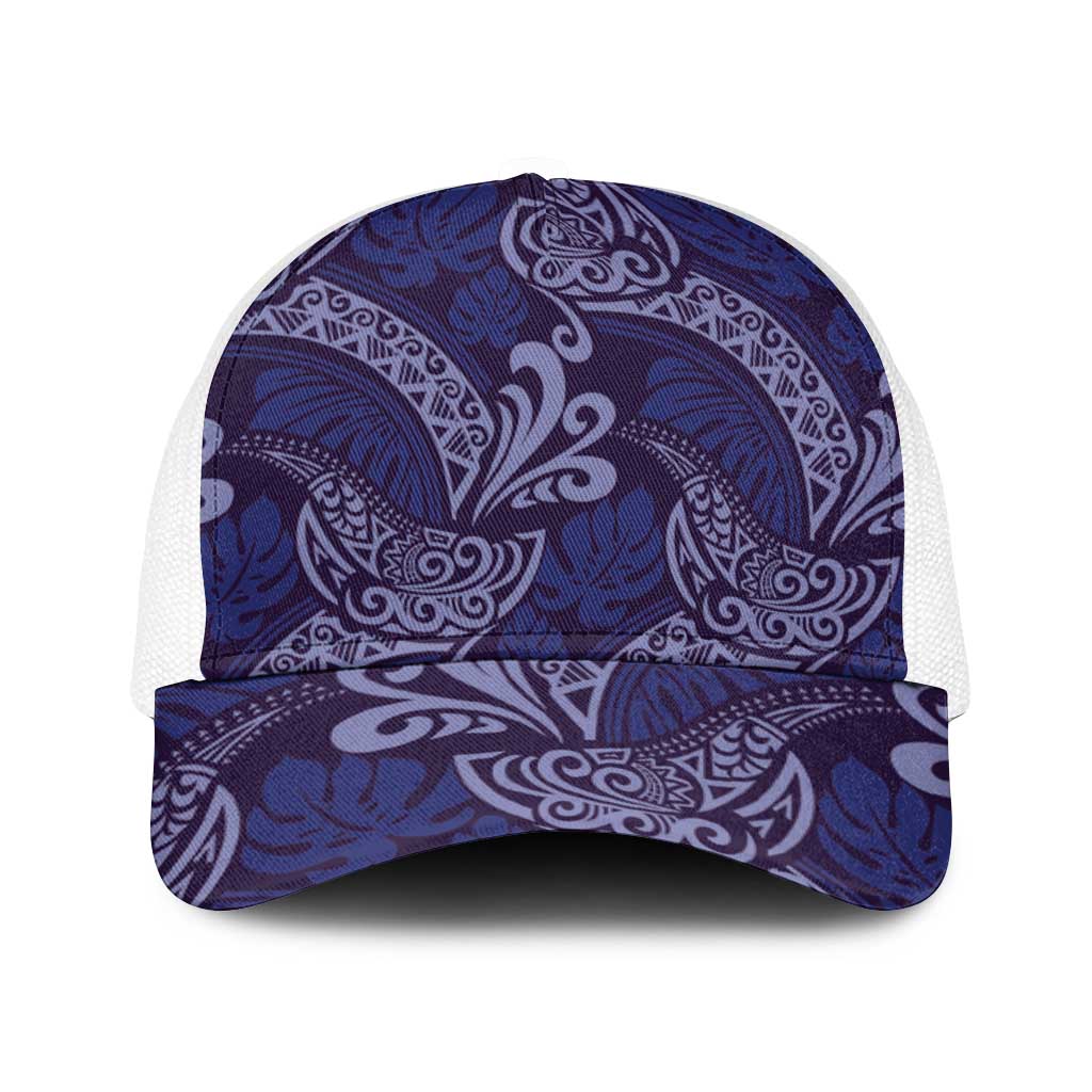 Deep Blue Monstera Baseball Net Cap Polynesian Tribal Pattern - Polynesian Pride