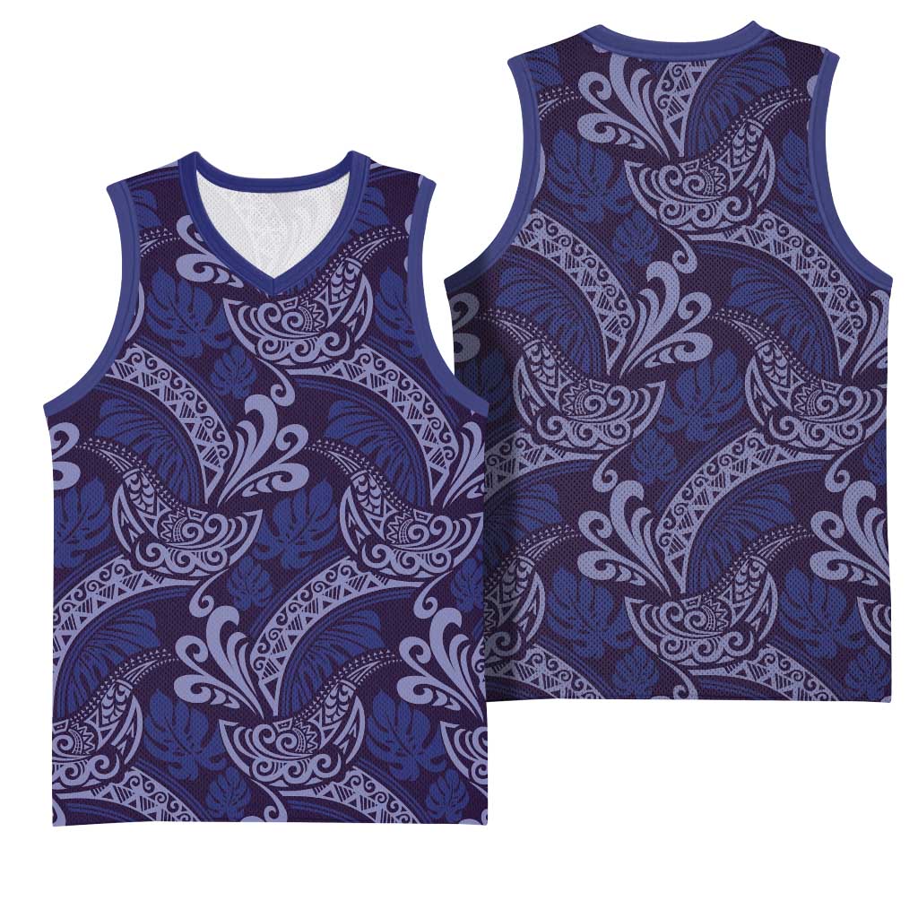 Deep Blue Monstera Basketball Jersey Polynesian Tribal Pattern - Polynesian Pride