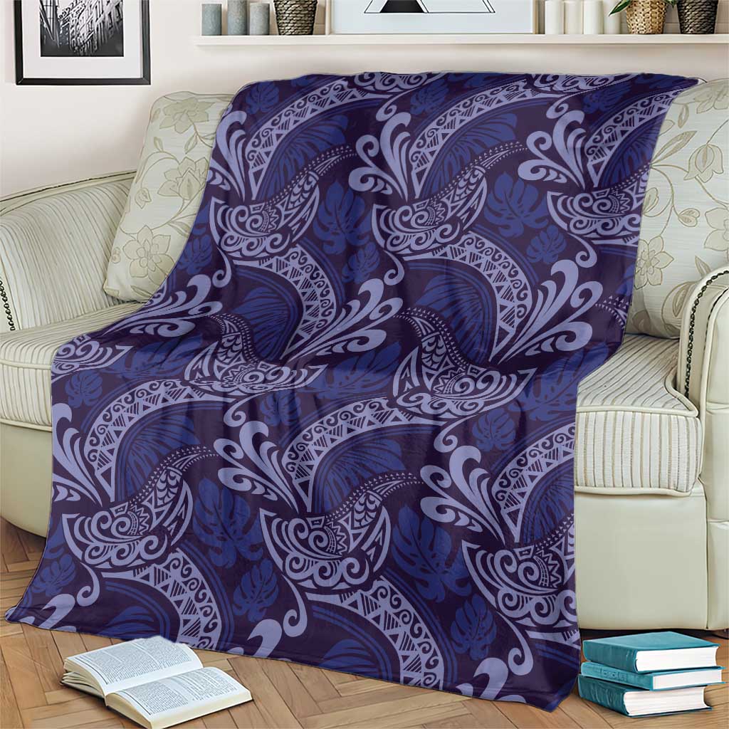 Deep Blue Monstera Blanket Polynesian Tribal Pattern - Polynesian Pride