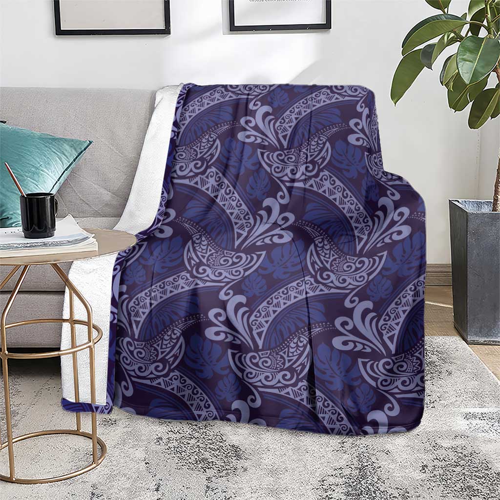 Deep Blue Monstera Blanket Polynesian Tribal Pattern - Polynesian Pride