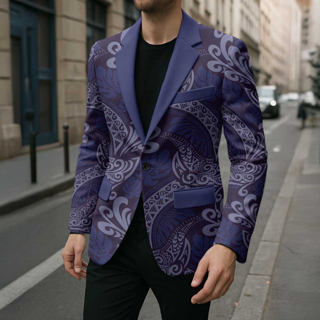 Deep Blue Monstera Blazer Polynesian Tribal Pattern - Polynesian Pride