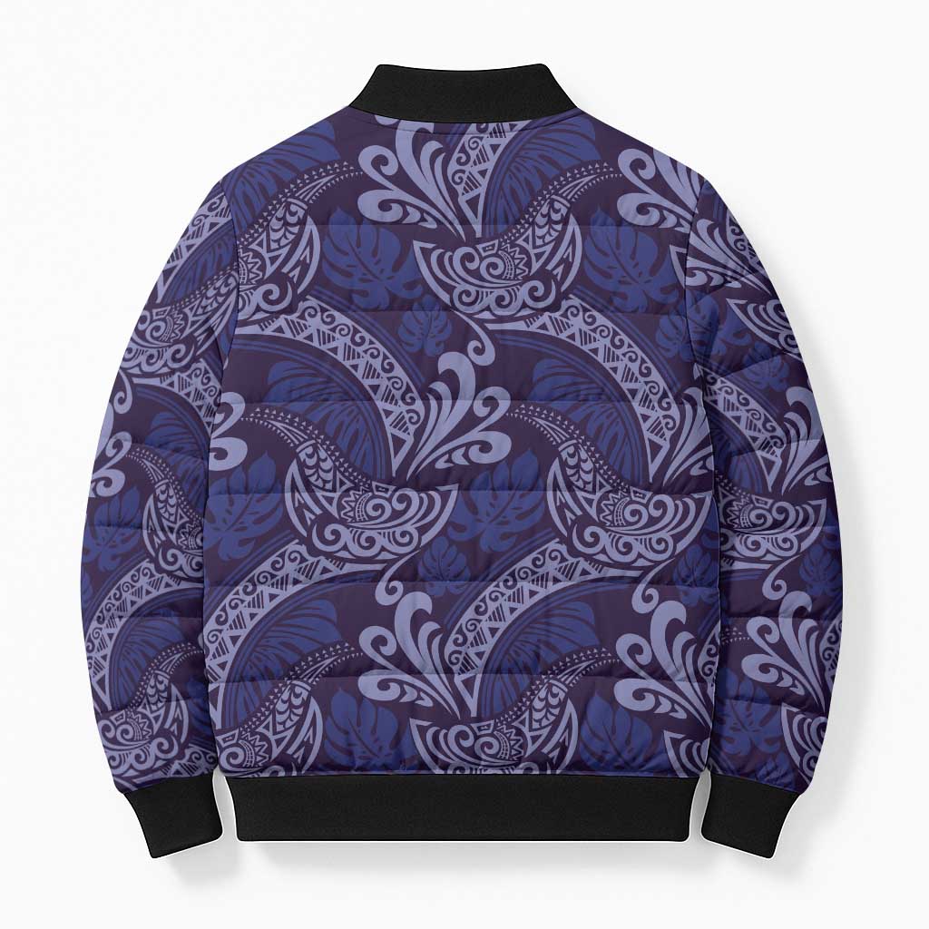 Deep Blue Monstera Bomber Puffer Jacket Polynesian Tribal Pattern - Polynesian Pride