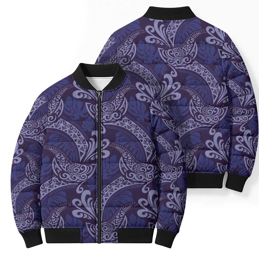 Deep Blue Monstera Bomber Puffer Jacket Polynesian Tribal Pattern - Polynesian Pride