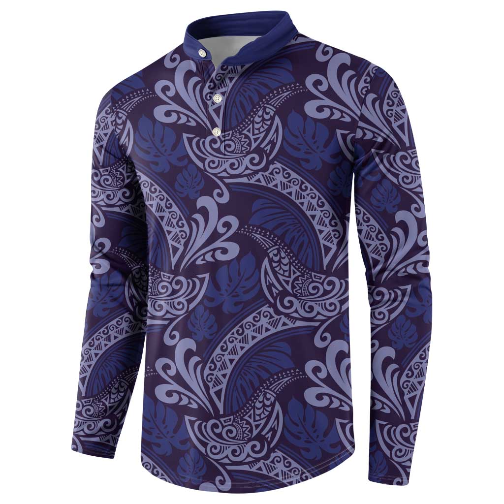 Deep Blue Monstera Button Sweatshirt Polynesian Tribal Pattern - Polynesian Pride