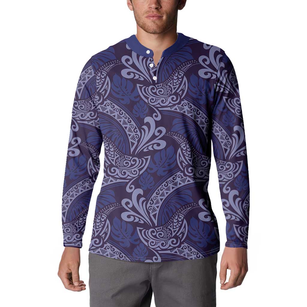 Deep Blue Monstera Button Sweatshirt Polynesian Tribal Pattern - Polynesian Pride