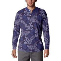 Deep Blue Monstera Button Sweatshirt Polynesian Tribal Pattern - Polynesian Pride