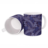 Deep Blue Monstera Ceramic Mug Polynesian Tribal Pattern - Polynesian Pride