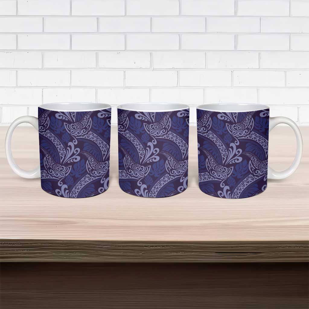 Deep Blue Monstera Ceramic Mug Polynesian Tribal Pattern - Polynesian Pride