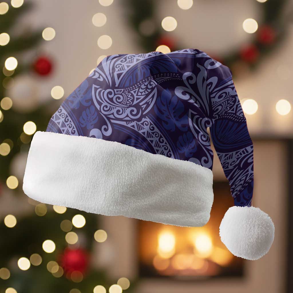 Deep Blue Monstera Christmas Santa Hat Polynesian Tribal Pattern - Polynesian Pride