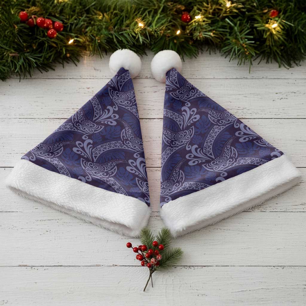 Deep Blue Monstera Christmas Santa Hat Polynesian Tribal Pattern - Polynesian Pride