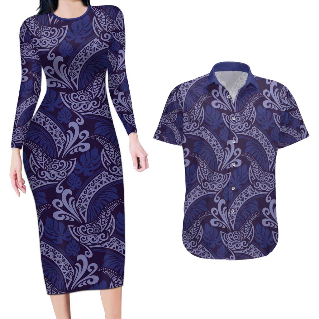 Deep Blue Monstera Couples Matching Long Sleeve Bodycon Dress and Hawaiian Shirt Polynesian Tribal Pattern - Polynesian Pride