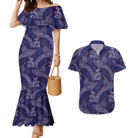 Deep Blue Monstera Couples Matching Mermaid Dress and Hawaiian Shirt Polynesian Tribal Pattern - Polynesian Pride