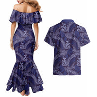 Deep Blue Monstera Couples Matching Mermaid Dress and Hawaiian Shirt Polynesian Tribal Pattern - Polynesian Pride